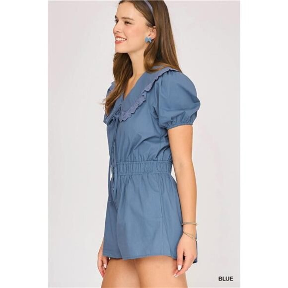 Umgee Collared Short Sleeve Button Down Romper - Picture 2 of 5